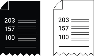 Black and white vector icons of paper payment receipts featuring numerical data and transaction details for financial accounting and retail billing.
