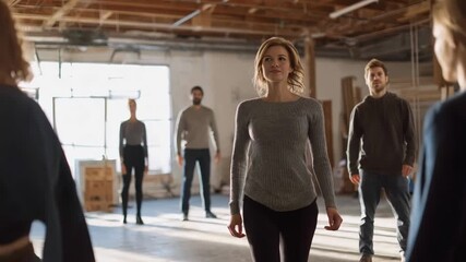 Medium shot of agents practicing negotiation skills through interactive roleplaying activities in a bright modern workshop setting.