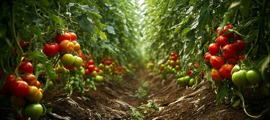 Fresh tomatoes growing on vine in lush greenhouse garden rows with soil