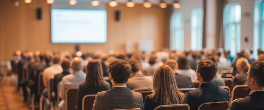Audience with blurred speaker giving presentation in bright university workshop lecture hall background. Scientific conference presentation event, training, meeting. High quality - Powered by Adobe