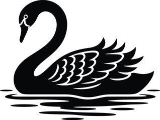 Obraz premium Swan Silhouette Vector Featuring Graceful Bird Floating on Water with Feather Detail and Ripple Reflection
