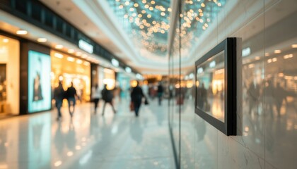 Indoor shopping mall view with blank advertising digital display and blurred people walking in the background. High quality 
