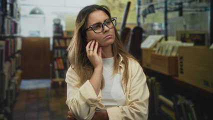 Woman touching cheek with hand and wearing glasses in library amid bookshelves and wooden crates  pensive study. © Krakenimages.com