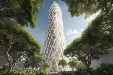 Modern architectural design stands tall amidst lush greenery in a vibrant urban landscape