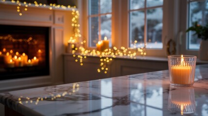 A close-up shot of a marble table top with a blurred background of a fireplace with candles, a Christmas tree and strings of twinkling lights, and a window. High quality 