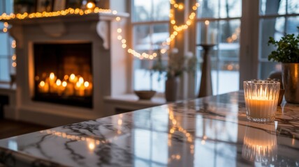 A close-up shot of a marble table top with a blurred background of a fireplace with candles, a Christmas tree and strings of twinkling lights, and a window. High quality 
