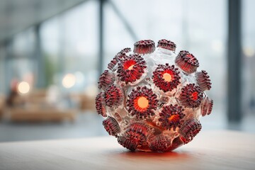 Colorful model of coronavirus displayed indoors against a blurred background