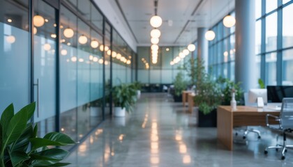 Abstract office interior background. Blurry office space. Modern workspace design. Glass walls, blurred furniture, plants. Natural light, commercial building, business concept, indoor. High quality