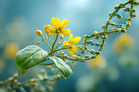 Vibrant yellow flowers grow alongside a swirling DNA strand in a close-up garden scene capturing nature's beauty and science