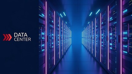 Data center. abstract digital warehouse. Server room of clouds computing technology. Server farm communication with internet. Network connection and information exchange lights glow in the dark.