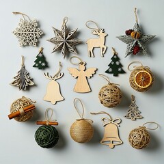 Handmade eco Christmas ornaments from paper, wood and natural fibers on clean background.