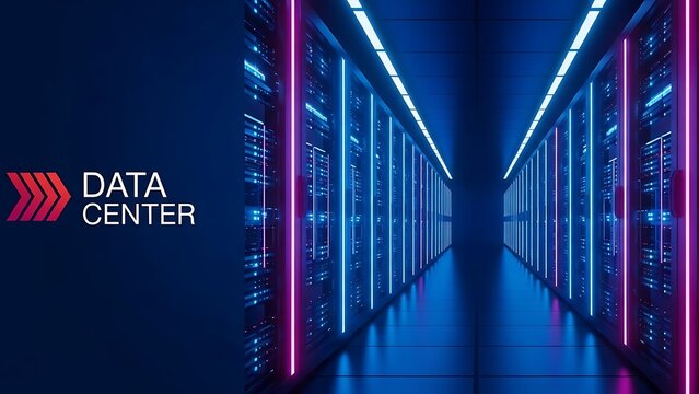 Data center. abstract digital warehouse. Server room of clouds computing technology. Server farm communication with internet. Network connection and information exchange lights glow in the dark. - Powered by Adobe