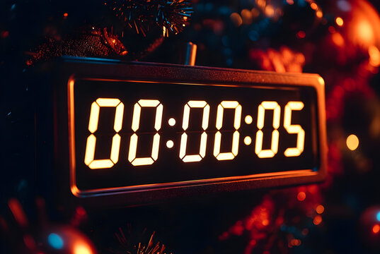 Midnight countdown clock showing five seconds before New Year, golden glow, dark festive background, cinematic lighting