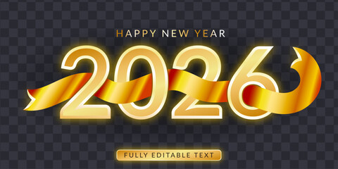 Luxury Gold 2026 Happy New Year 3D Text with Ribbon on Transparent Background