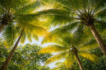 Tropical palm tree canopy looking up with sun flare and lush green fronds, bright summer vacation background with copy space, travel resort nature wallpaper.