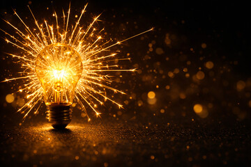 Glowing light bulb with golden sparks and bokeh on dark background, innovation/idea concept, dramatic macro lighting, high resolution, copy space for banner, ads, web header, branding.