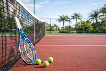 Blue tennis racket leaning on net with three balls on red hard court, palm trees bokeh. Sunny outdoor summer sport background for ads, training or match. Copy space, shallow DOF.