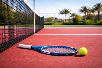 Close-up tennis racket and ball on red hard court by the net, sunny outdoor sports background with palm trees, shallow depth of field, copy space, high-res.