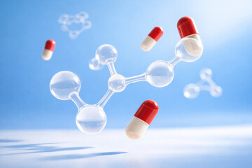 3D render of floating red-and-white capsules with transparent glass molecule structure on clean blue gradient background. Medical pharma biotech, healthcare concept, copy space, high-key HD.