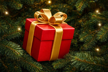 Luxury red gift box with golden ribbon and bow on lush Christmas tree branches, festive bokeh lights, copy space. Ideal for holiday sale banner, New Year promo, greeting card, stock photo.