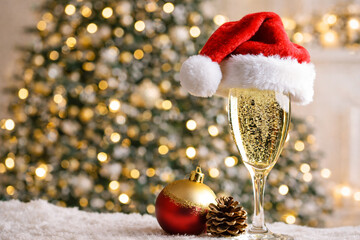 Champagne flute with Santa hat, sparkling wine bubbles, red-gold ornament and pine cone on snowy surface with Christmas tree bokeh lights. Festive holiday banner, copy space, high-res.