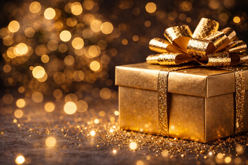 Luxury gold gift box with glitter bow on sparkling background with heart bokeh. Festive Valentine/New Year greeting card backdrop, copy space, close-up, high-res.