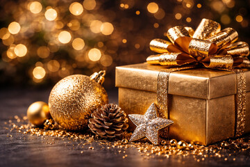 Luxury gold Christmas gift box with glitter bow, ornaments, pine cone and star on dark table with warm bokeh lights. Festive holiday banner, copy space, close-up, high-res.
