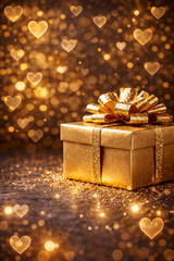 Luxury gold gift box with glitter bow on sparkling background with heart bokeh. Festive Valentine/New Year greeting card backdrop, copy space, close-up, high-res.