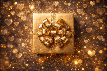 Top view luxury gold gift box with glitter bow on sparkling background with heart bokeh. Festive Valentine/New Year flat lay, greeting card template, copy space, high-res.