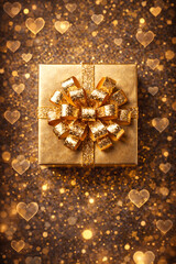 Top view luxury gold gift box with glitter bow on sparkling background with heart bokeh. Festive Valentine/New Year flat lay, greeting card template, copy space, high-res.