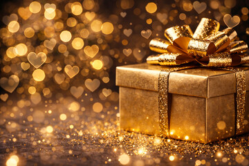 Luxury gold gift box with glitter bow on sparkling background with heart bokeh. Festive Valentine/New Year greeting card backdrop, copy space, close-up, high-res.