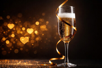 Champagne flute with sparkling wine wrapped in gold ribbon, glowing heart bokeh on dark background. Luxury Valentine/New Year banner, copy space, close-up, high-res.