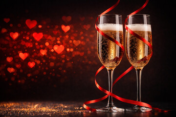 Two champagne flutes tied with red ribbon, sparkling wine and heart bokeh on dark background. Romantic Valentine's Day banner, premium feel, copy space, high-res.