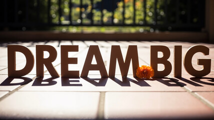 Dream big wooden lettering with flower shadow on tiled floor  