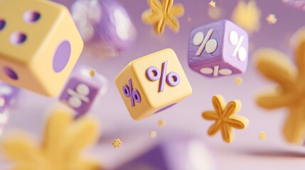 Floating Purple and Yellow Dice with Percentage Symbols and Flowers purple dice discount photo