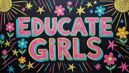 Colorful chalk art promoting girl education on black background  