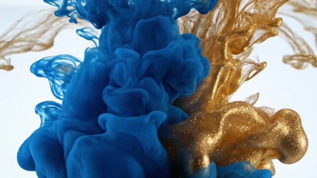 Abstract Blue and Gold Ink Swirling in Water 4K Luxury Background - Artistic Fluid Motion for Creative Projects