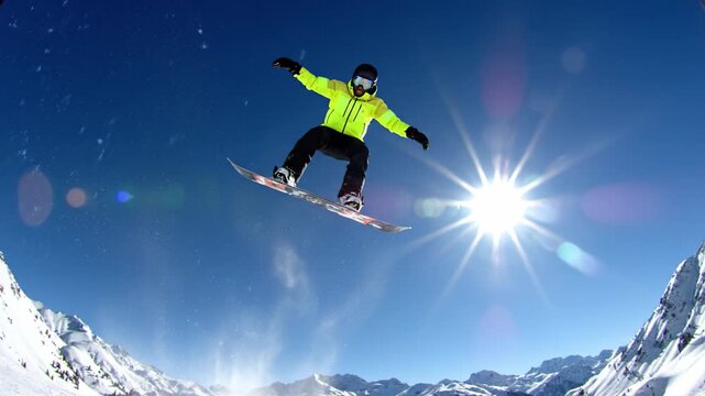 Male snowboarder in yellow jacket jumps high against sun. Winter sport activity in snowy mountains. Active lifestyle and extreme freedom concept.