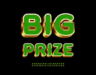 Vector Premium sign Big Prize. Elite Green and Golden Font. Classy set of 3D Alphabet Letters and Numbers