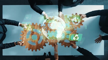 Aerial view of business professionals collaborating with digital gears and a globe symbolizing teamwork, innovation, and strategic planning in a corporate setting. Raster - Powered by Adobe
