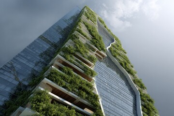 Modern skyscraper covered in greenery showcases innovative architecture in an urban landscape during daytime
