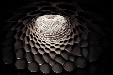Intricate tunnel design with honeycomb patterns illuminated by soft light