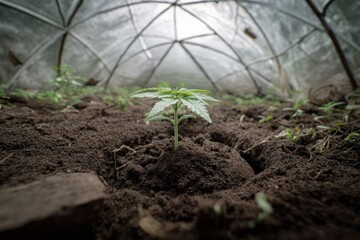 Small green plant growing in soil inside a greenhouse showing clear signs of life and growth