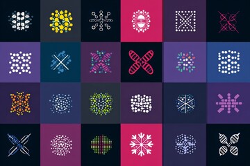 Colorful abstract patterns arranged in a grid showcasing various shapes and designs in a modern art style