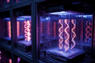 Colorful neon lights illuminate glass containers with glowing twisted filaments in a futuristic lab setting at night