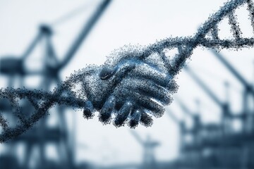 Hands shaking in front of an industrial port symbolizing collaboration and partnership in biotechnology and industry