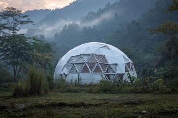 Geodesic dome in misty mountains during dawn with surrounding lush vegetation and calm atmosphere
