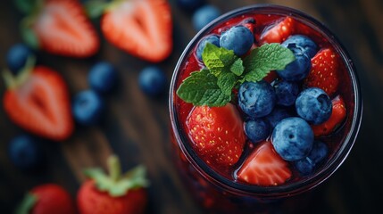 Overhead view of a vibrant mixed berry cocktail or smoothie garnished with fresh mint, strawberries, and blueberries on a dark wooden surface