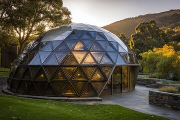 Unique geodesic dome structure shines in natural light at sunset in a serene landscape