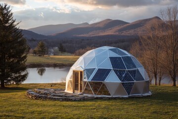 Unique geodesic dome house with solar panels near calm lake at sunset in a mountainous setting
